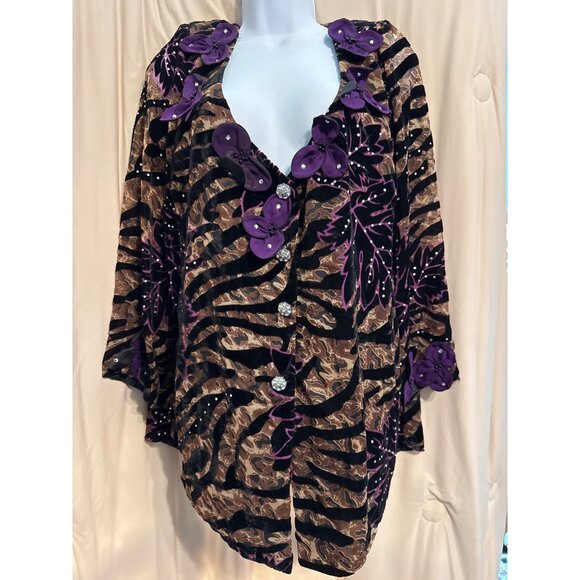 Sabella Mikesell Tops - Vintage Sabella Mikesell Palm Beach 2X Silk Purple/Black Button Up Top 22W